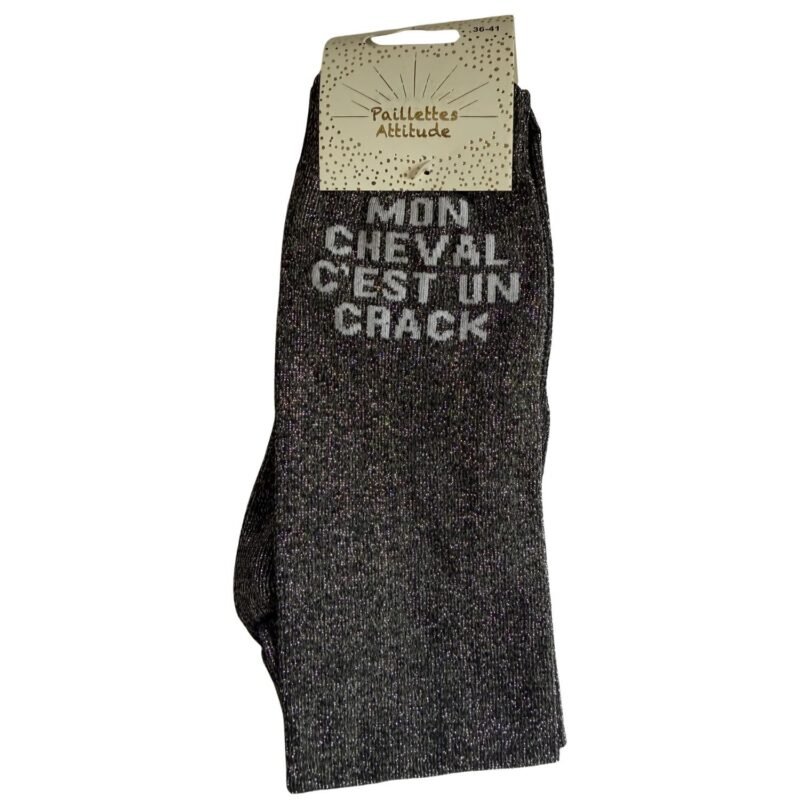 Paillettes Attitude - Chaussettes d'équitation "Mon cheval c'est un crack"